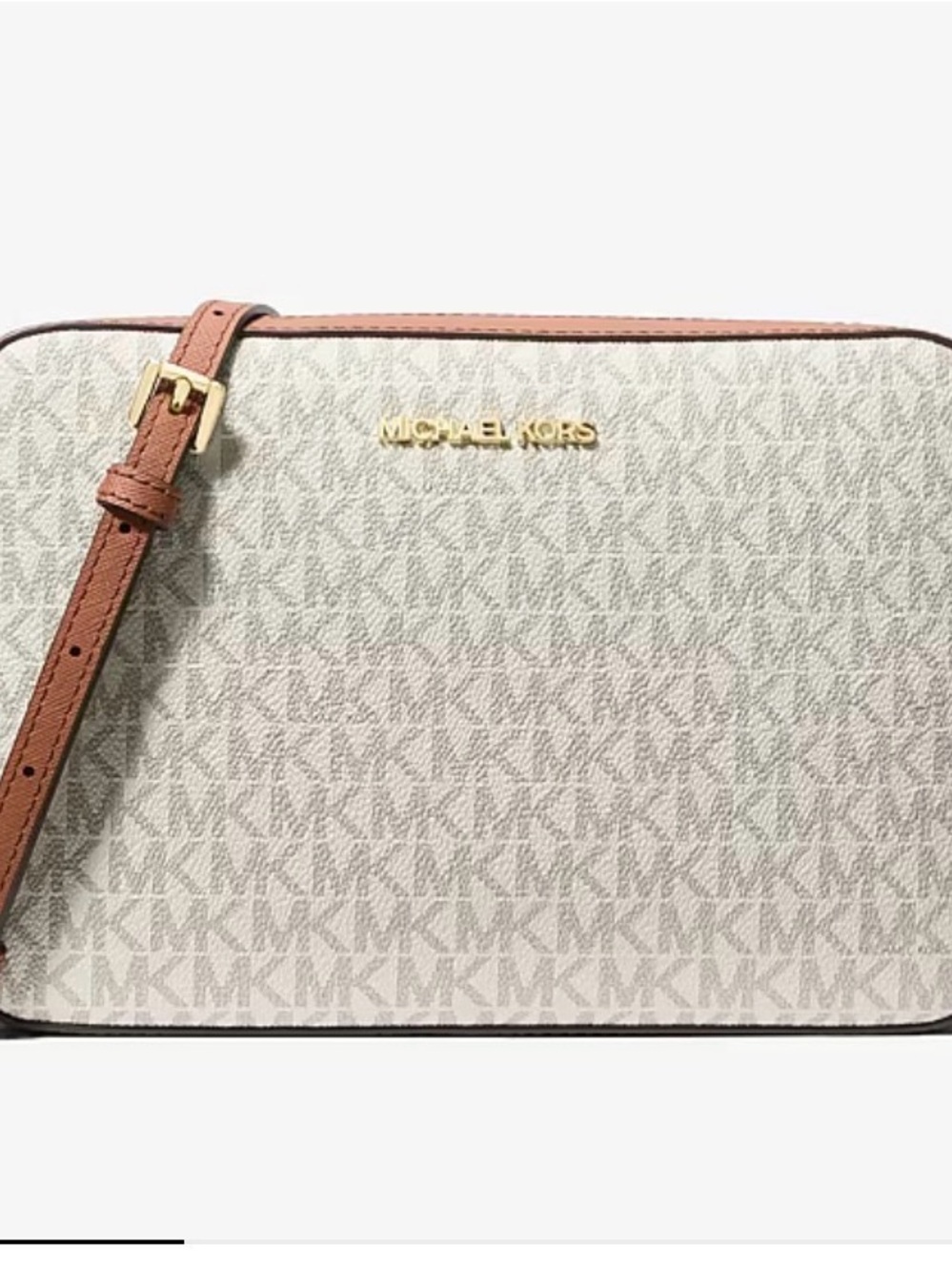 Michael Kors Beige Monogram Crossbody with Brown Leather Trim - Picture 1 of 2